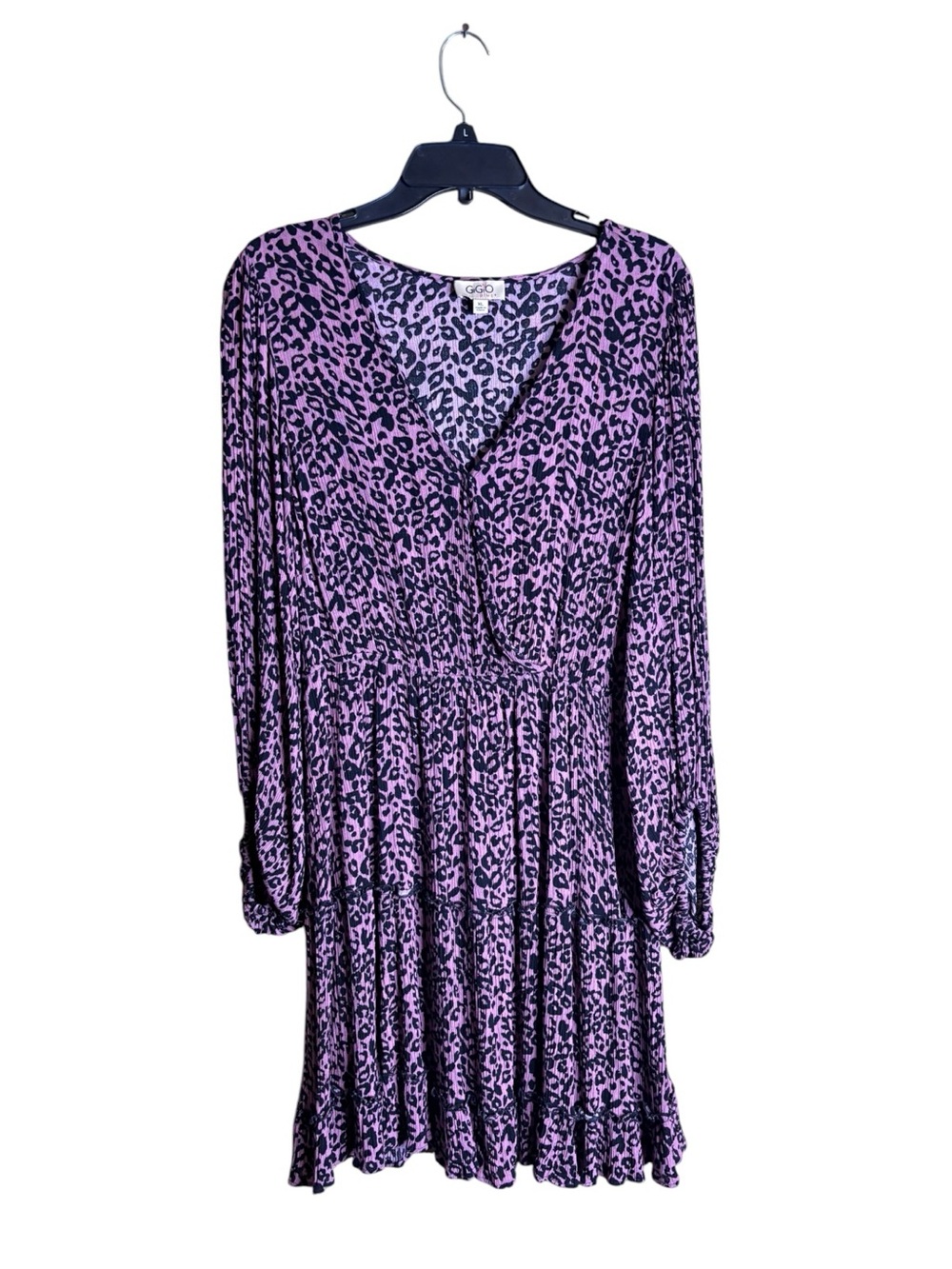 GiGio Plus XL Purple Black Leopard Print Faux Wrap Tiered Mini Dress